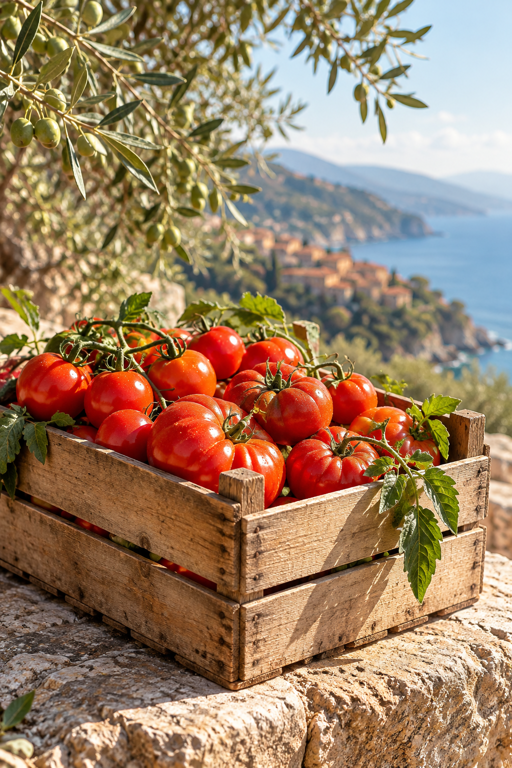 Pomodori freschi in una cassetta di legno